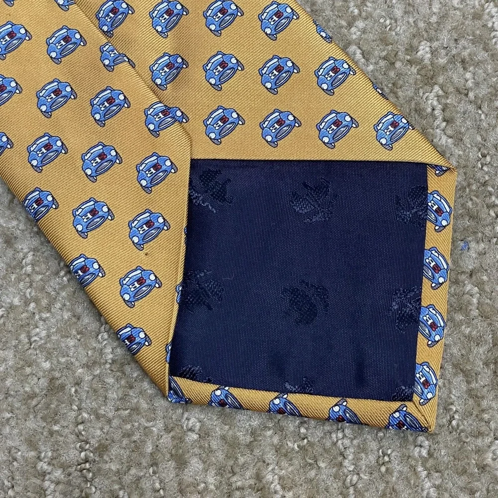 Brooks Brothers Makers Necktie Gold Blue Car Motif All‎ Over Print 3.75